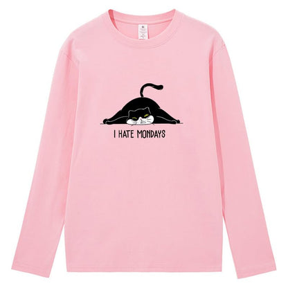 CORIRESHA Teen Cute Lazy Cat Print Crewneck Long Sleeve Casual Cotton T-Shirt