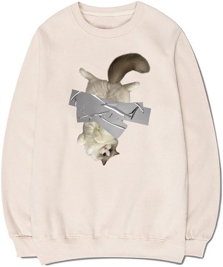 CORIRESHA Cute Handstand Cat Sweatshirt Crewneck Long Sleeve Casual Simple Pullover