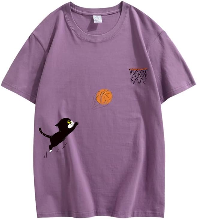 CORIRESHA Teen Cute Cat Basketball Crew Neck Short Sleeve Loose Soft Cotton T-Shirt