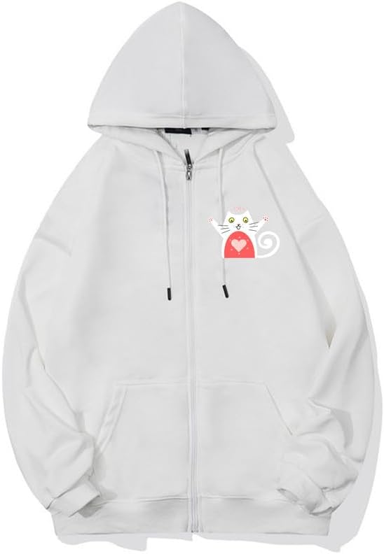 CORIRESHA Teen Cute Cat Heart Zip Hoodie Long Sleeve Casual Sweatshirt