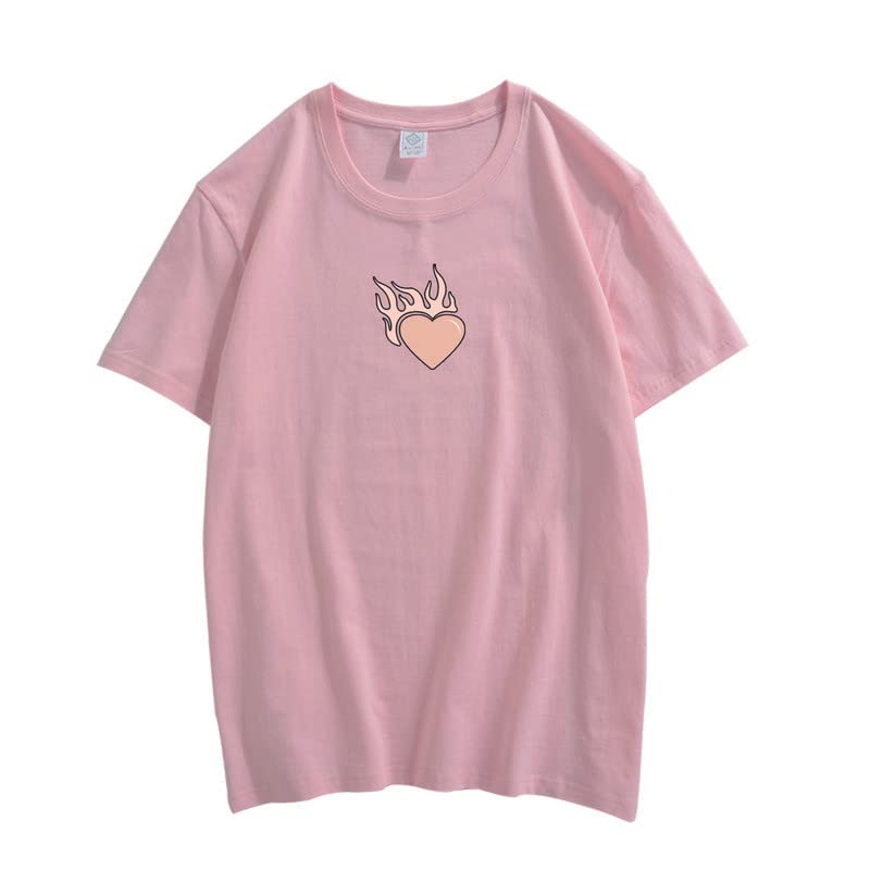 CORIRESHA Adolescente Lindo Corazón Llama Cuello Redondo Manga Corta Casual Algodón San Valentín Camiseta