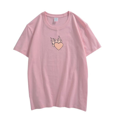 CORIRESHA Adolescente Lindo Corazón Llama Cuello Redondo Manga Corta Casual Algodón San Valentín Camiseta
