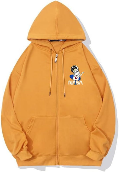 CORIRESHA Space Astronaut Cat Zip Hoodie Drawstring Rocket NASA Sweatshirt