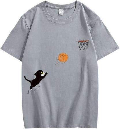 CORIRESHA Teen Cute Cat Basketball Crew Neck Short Sleeve Loose Soft Cotton T-Shirt