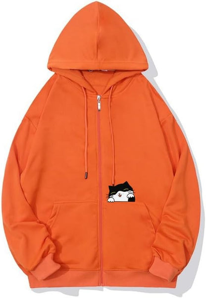 CORIRESHA Teen Cute Cat Zipper Hoodie Long Sleeve Drawstring Casual Sweatshirt