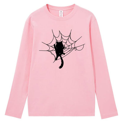 CORIRESHA Halloween Spider Web Crew Neck Long Sleeve Casual Cat Lover T-Shirt