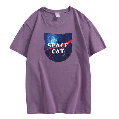 CORIRESHA Space Lover Casual cuello redondo manga corta lindo gato talla grande camiseta unisex