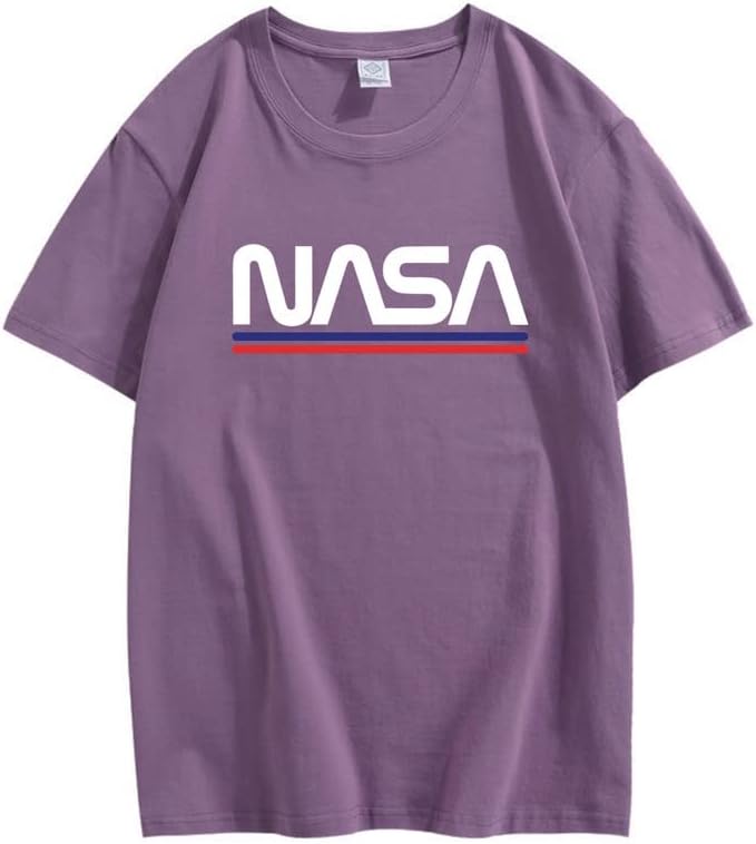 CORIRESHA Teen NASA Letter Print Casual Crew Neck Short Sleeve Basic Cotton T-Shirt