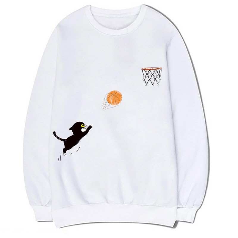 CORIRESHA Teen Cute Cat Basketball Crew Neck Long Sleeves Cozy Cotton Fall Sweatshirt