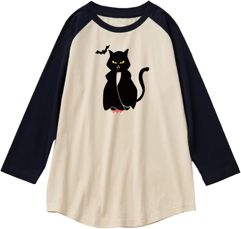 CORIRESHA Teen's Halloween Gothic T-Shirt Funny Cats Cotton Shoulder Sleeve Top