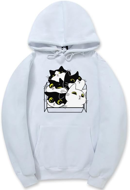 CORIRESHA Unisex Cute Cat Box Hoodie Long Sleeve Drawstring Pocket Casual Sweatshirt