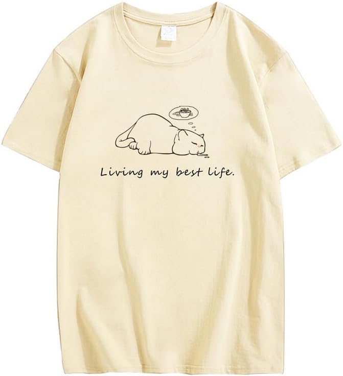 CORIRESHA Unisex Sleeping Cat Crewneck Short Sleeves Casual Cute Letter T-Shirts