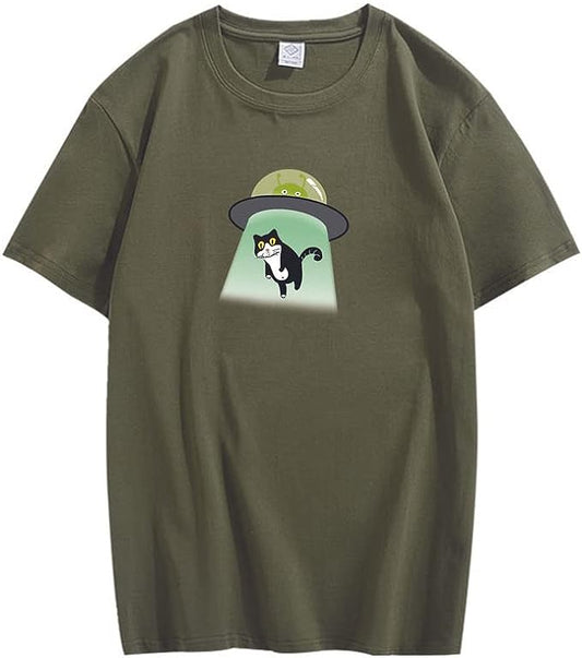 CORIRESHA Alien Spaceship Abduction Cat Vintage Unisex Funny Space T-Shirt