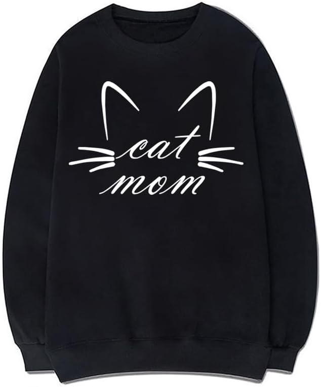 CORIRESHA Funny Cat Face Round Neck Long Sleeve Soft Cotton Cute Pullover Sweatshirt