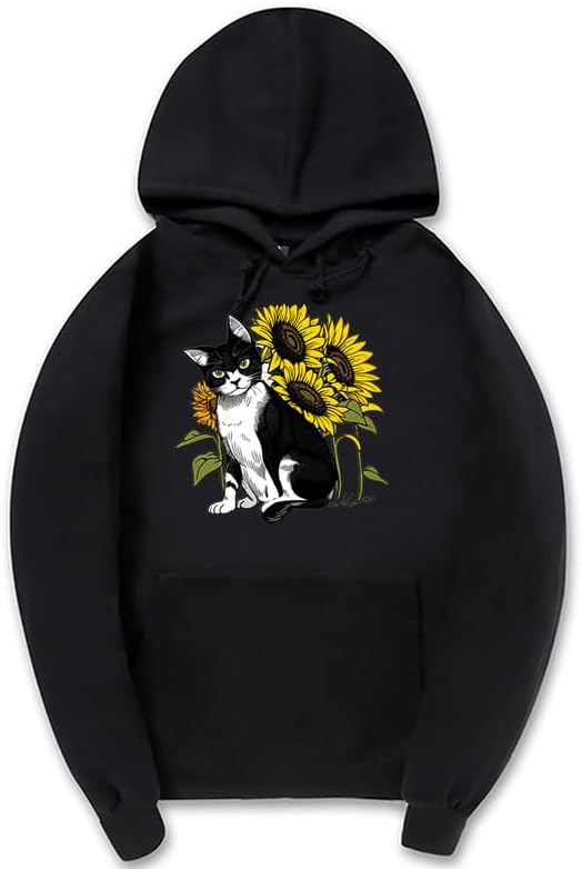 CORIRESHA Cute Cat Hoodie Casual Long Sleeve Drawstring Sunflower Sweatshirt