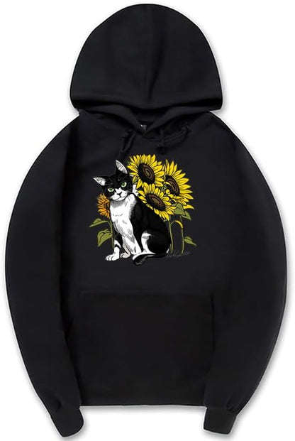 CORIRESHA Lindo Gato Sudadera con capucha Casual Manga Larga Cordón Girasol Sudadera