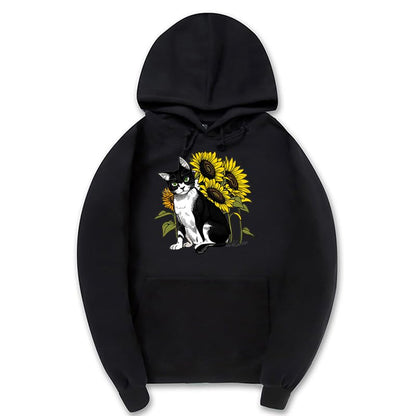 CORIRESHA Lindo Gato Sudadera con capucha Casual Manga Larga Cordón Girasol Sudadera