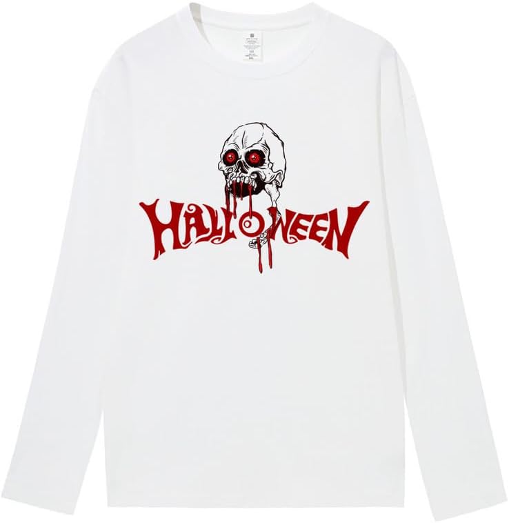 CORIRESHA Camiseta gótica de Halloween de manga larga con cuello redondo y estampado de calavera aterradora unisex