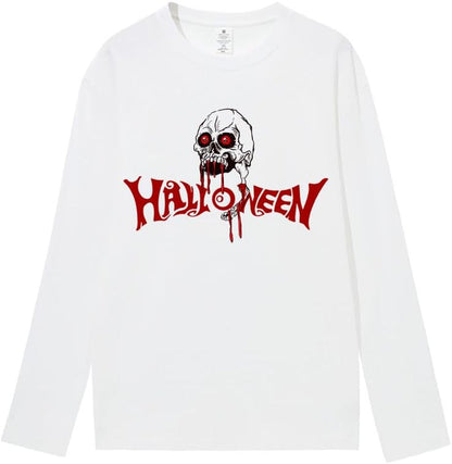 CORIRESHA Camiseta gótica de Halloween de manga larga con cuello redondo y estampado de calavera aterradora unisex