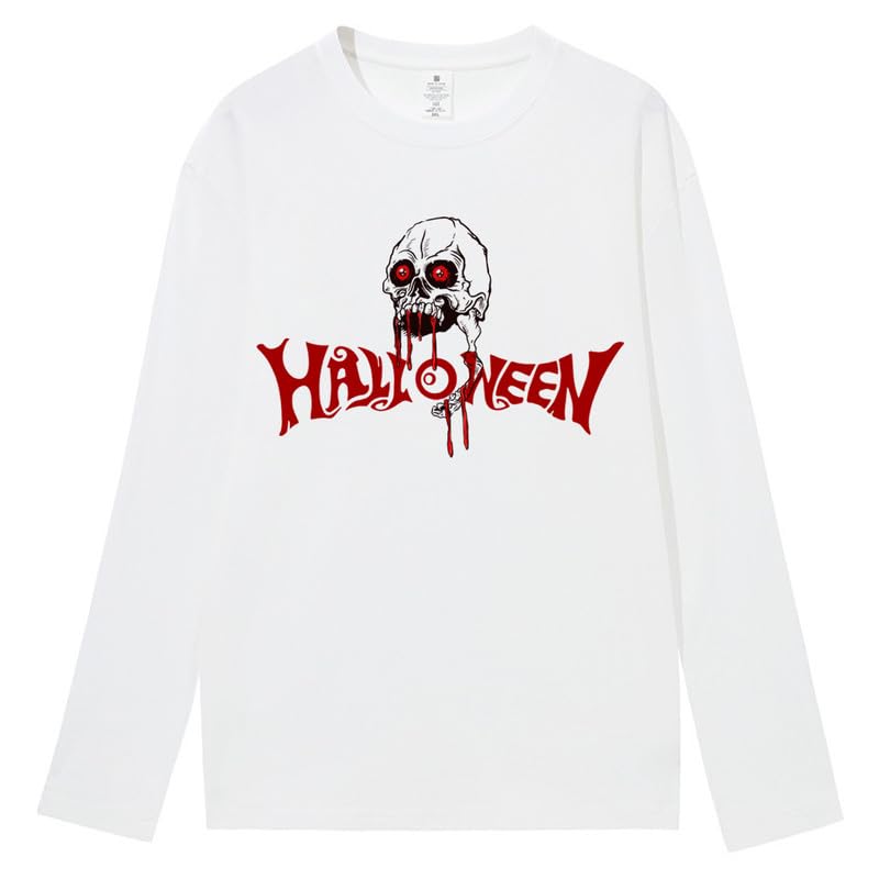CORIRESHA Camiseta gótica de Halloween de manga larga con cuello redondo y estampado de calavera aterradora unisex