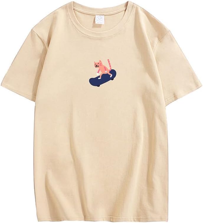 CORIRESHA Unisex Lindo Gato Monopatín Casual Cuello Redondo Manga Corta Suelta Camisetas Divertidas