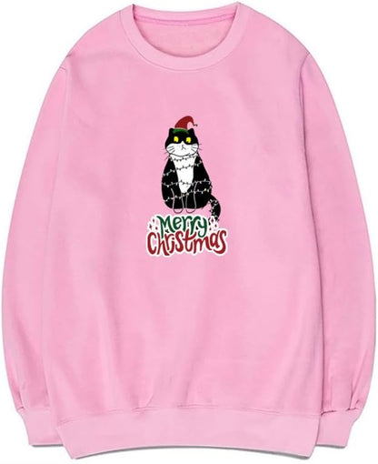 CORIRESHA Teen Cute Christmas Cat Crew Neck Long Sleeve Cozy Pullover Sweatshirt