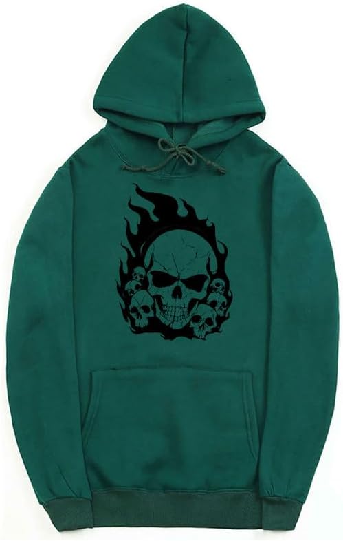 CORIRESHA Teen Halloween Skull Hoodie Long Sleeve Drawstring Y2K Aesthetic Flame Sweatshirt