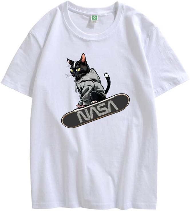 CORIRESHA Camiseta holgada informal de manga corta con cuello redondo y monopatín de gato para mujer