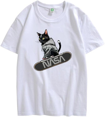 CORIRESHA Camiseta holgada informal de manga corta con cuello redondo y monopatín de gato para mujer
