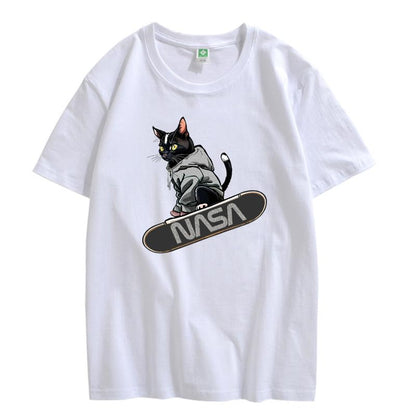 CORIRESHA Camiseta holgada informal de manga corta con cuello redondo y monopatín de gato para mujer