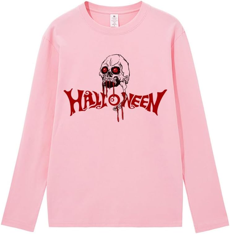 CORIRESHA Camiseta gótica de Halloween de manga larga con cuello redondo y estampado de calavera aterradora unisex