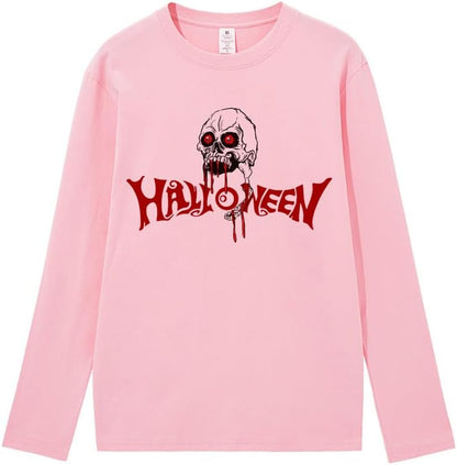 CORIRESHA Camiseta gótica de Halloween de manga larga con cuello redondo y estampado de calavera aterradora unisex