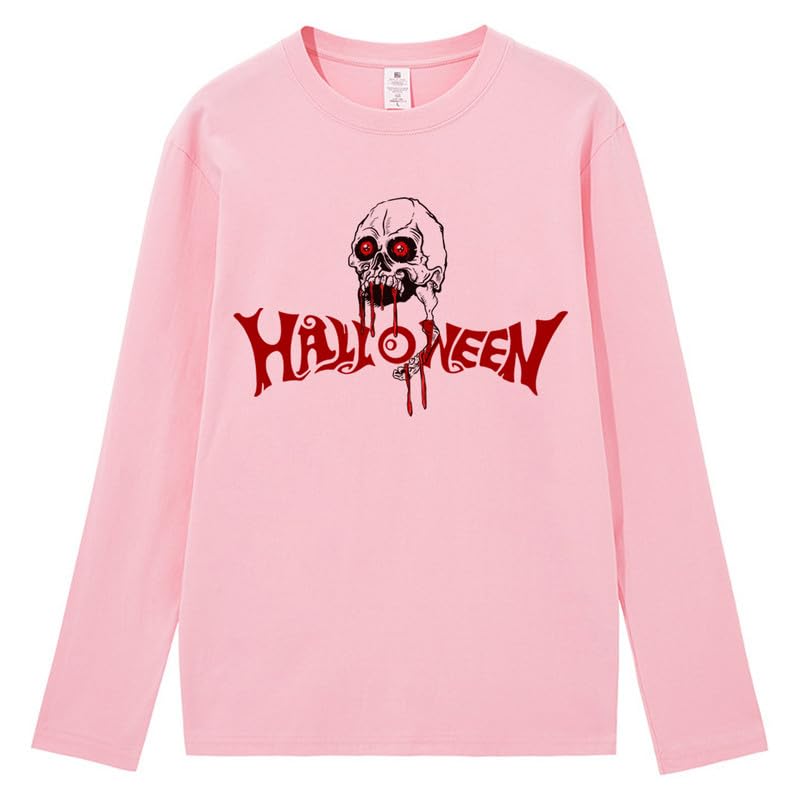 CORIRESHA Camiseta gótica de Halloween de manga larga con cuello redondo y estampado de calavera aterradora unisex