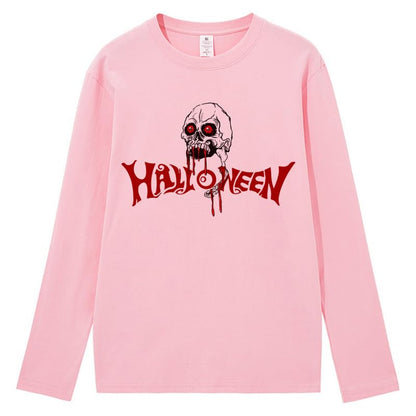 CORIRESHA Camiseta gótica de Halloween de manga larga con cuello redondo y estampado de calavera aterradora unisex