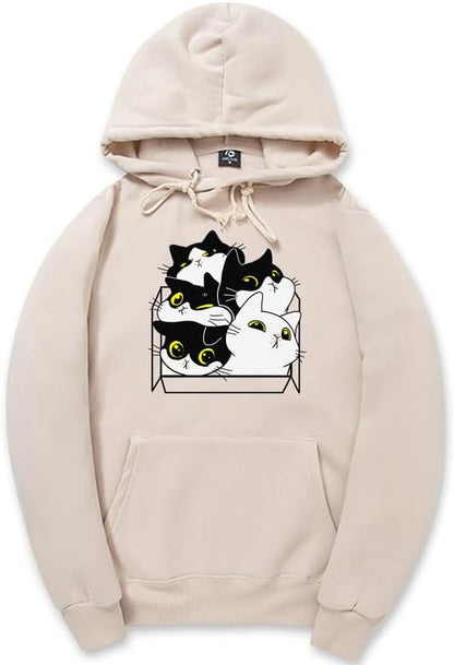 CORIRESHA Unisex Cute Cat Box Hoodie Long Sleeve Drawstring Pocket Casual Sweatshirt