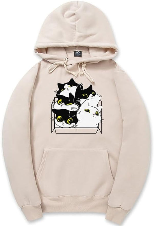 CORIRESHA Unisex Cute Cat Box Hoodie Long Sleeve Drawstring Pocket Casual Sweatshirt