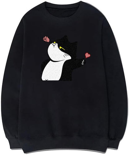 CORIRESHA Women's Cute Cat Heart Crewneck Long Sleeve Casual Soft Pullover Sweatshirt