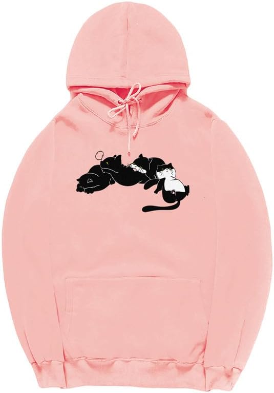 CORIRESHA Cute Sleeping Cat Long Sleeve Drawstring Kangaroo Pocket Cotton Hoodie Sweatshirt