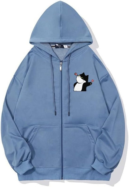 CORIRESHA Women's Cute Cat Heart Zipper Hoodie Drawstring Long Sleeve Sweatshirt Jacket