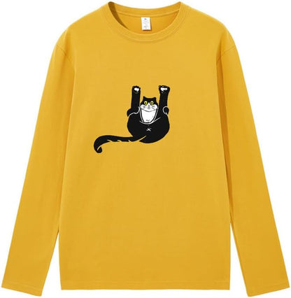 CORIRESHA Unisex Funny Cat Tops Crewneck Long Sleeves Fall Cotton Cute T-Shirts