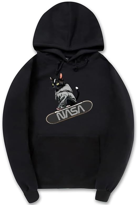 CORIRESHA Adolescente Lindo Gato Skateboarding Sudadera con capucha Casual Manga Larga Cordón Básico NASA Sudadera