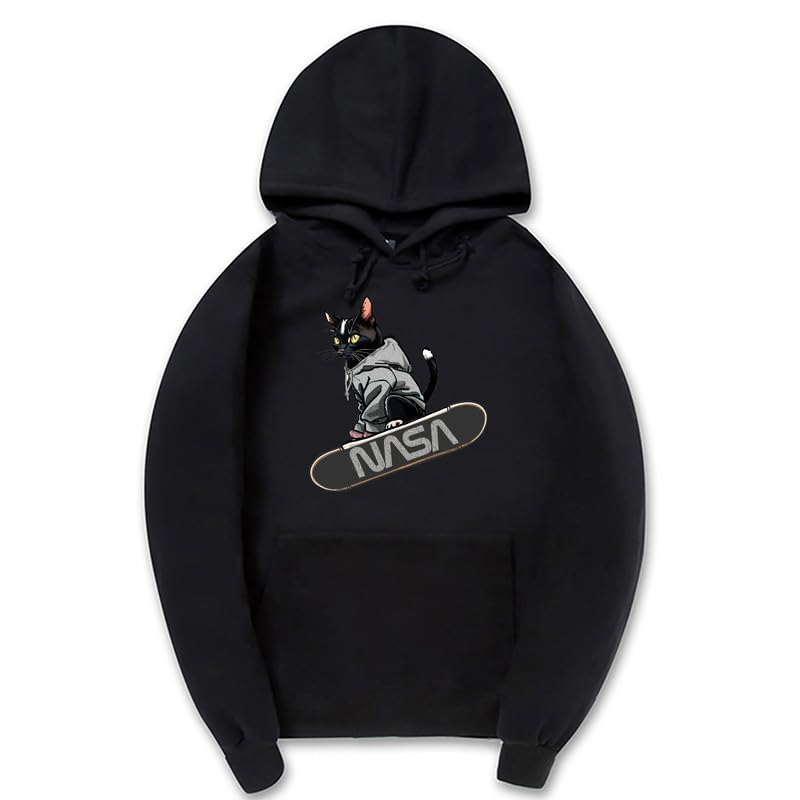 CORIRESHA Adolescente Lindo Gato Skateboarding Sudadera con capucha Casual Manga Larga Cordón Básico NASA Sudadera