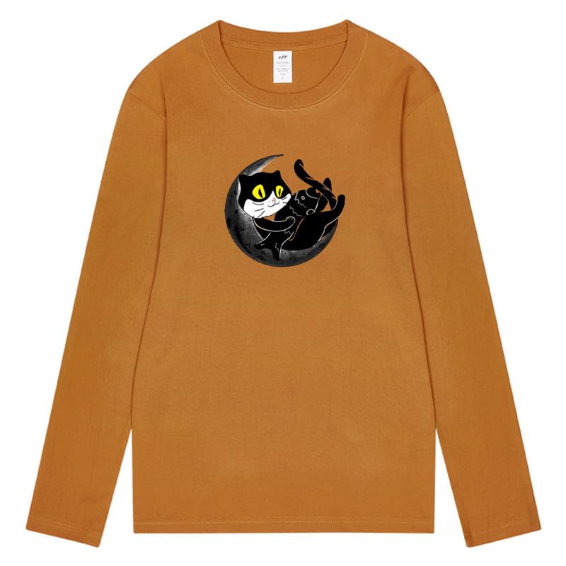 CORIRESHA Teen Fall Funny Cat Moon Crew Neck Long Sleeve Cotton T-Shirt