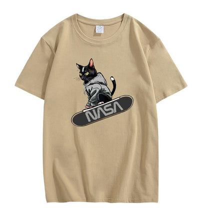 CORIRESHA Camiseta holgada informal de manga corta con cuello redondo y monopatín de gato para mujer