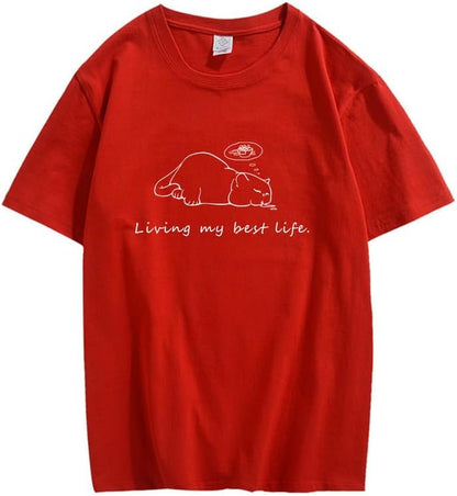 CORIRESHA Unisex Sleeping Cat Crewneck Short Sleeves Casual Cute Letter T-Shirts