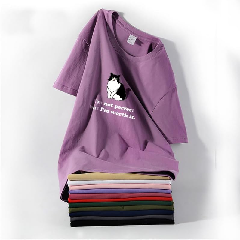 CORIRESHA Camiseta personalizada de algodón suelta casual de manga corta con cuello redondo de gato lindo para mujer
