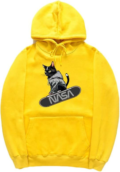 CORIRESHA Adolescente Lindo Gato Skateboarding Sudadera con capucha Casual Manga Larga Cordón Básico NASA Sudadera
