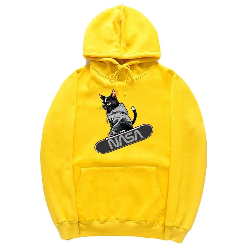 CORIRESHA Adolescente Lindo Gato Skateboarding Sudadera con capucha Casual Manga Larga Cordón Básico NASA Sudadera