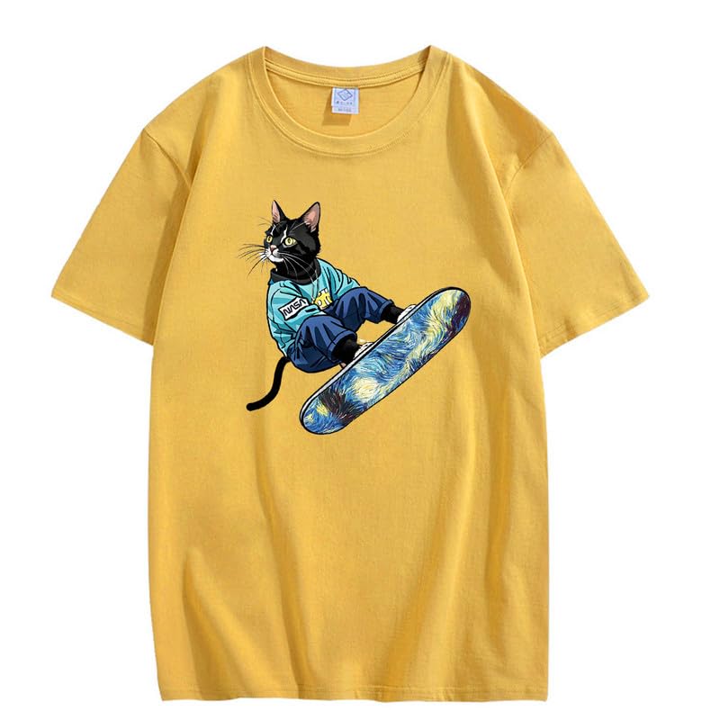 CORIRESHA Camiseta de algodón suelta de manga corta con cuello redondo y diseño de gato lindo para mujer