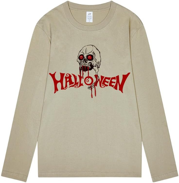 CORIRESHA Camiseta gótica de Halloween de manga larga con cuello redondo y estampado de calavera aterradora unisex